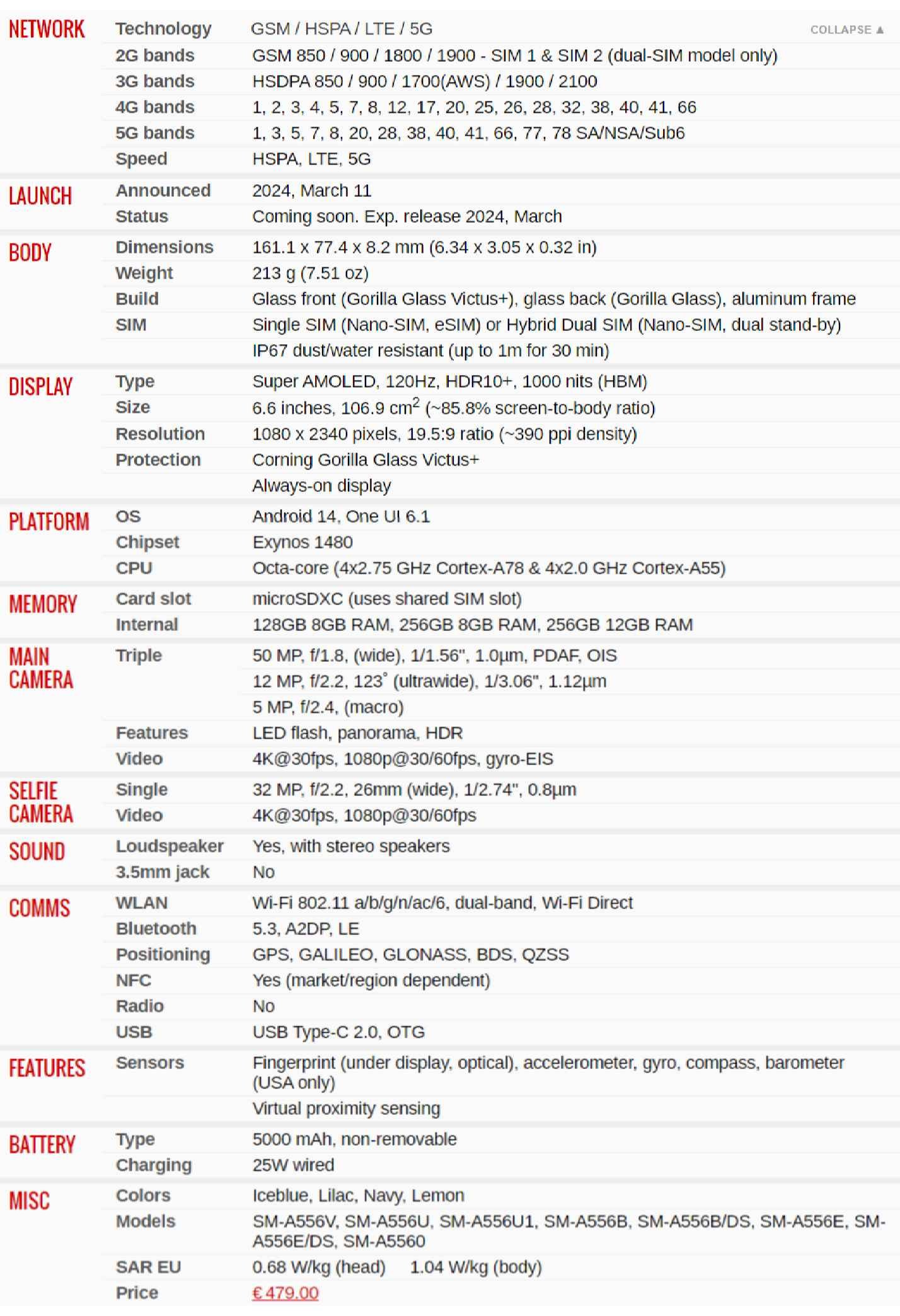 galaxya55-specifications